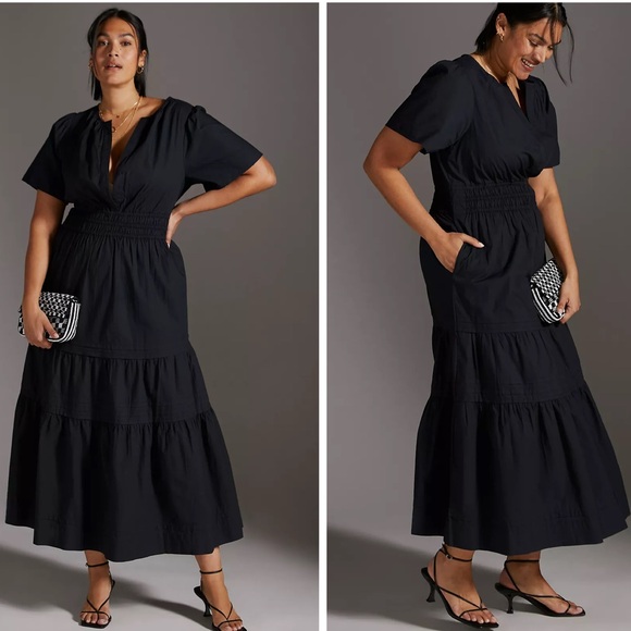 Anthropologie Dresses & Skirts - Anthropologie The Somerset Tiered Maxi Dress Black Cotton V-Neck Smocked XLP